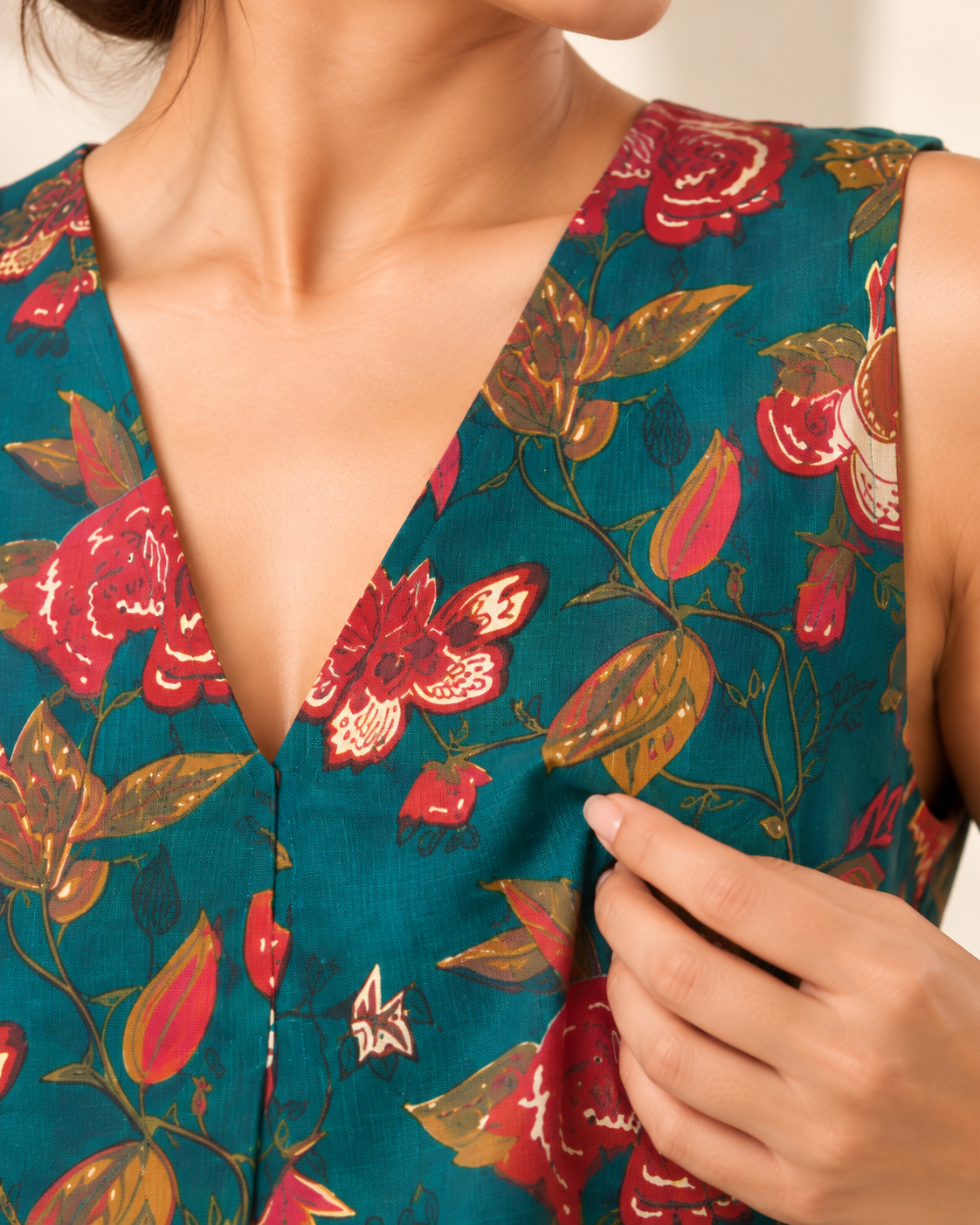 Teal Floral Sleeveless Asymmetric Hem Kurti