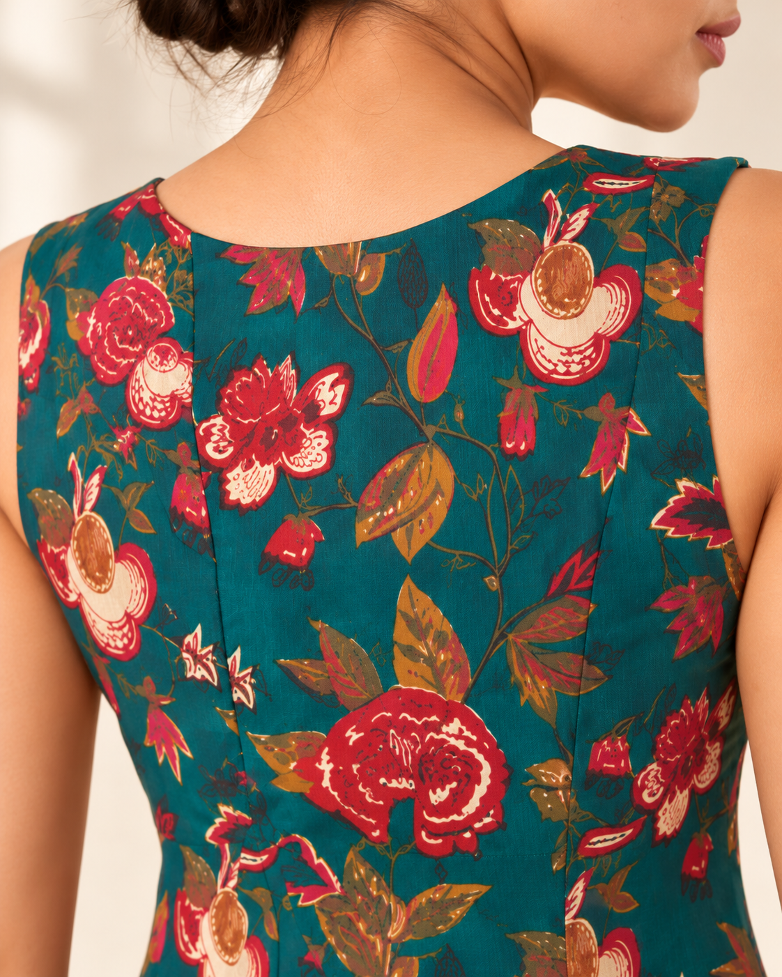 Teal Floral Sleeveless Asymmetric Hem Kurti