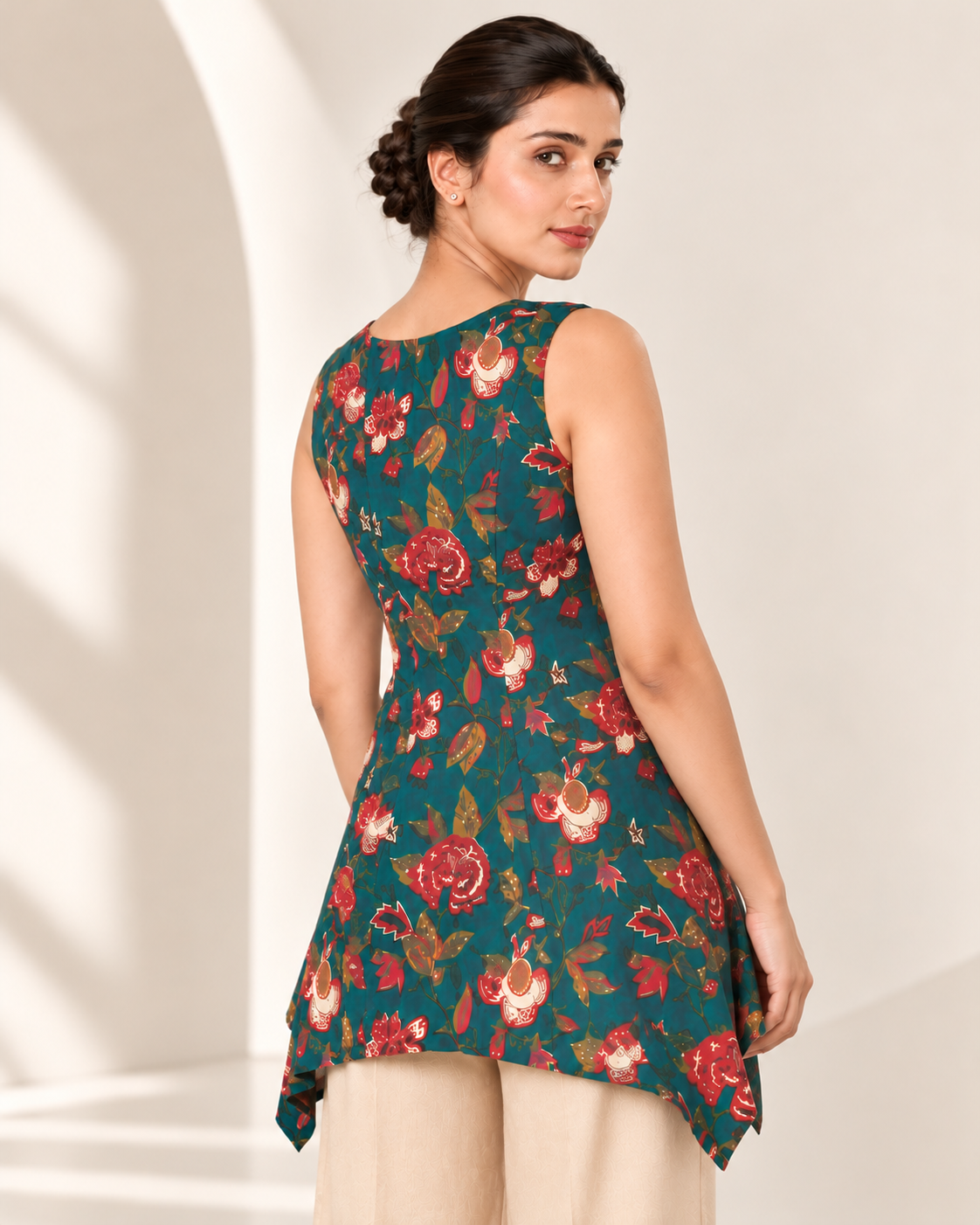 Teal Floral Sleeveless Asymmetric Hem Kurti