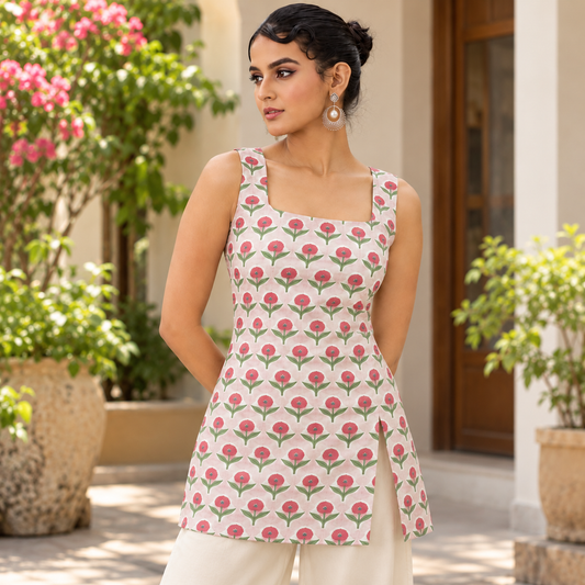 Peach Floral Square-Neck Slit Top