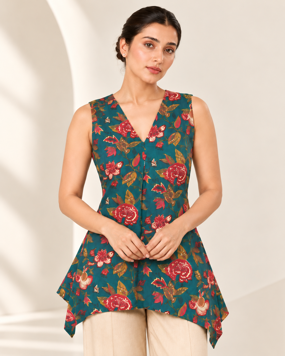 Teal Floral Sleeveless Asymmetric Hem Kurti