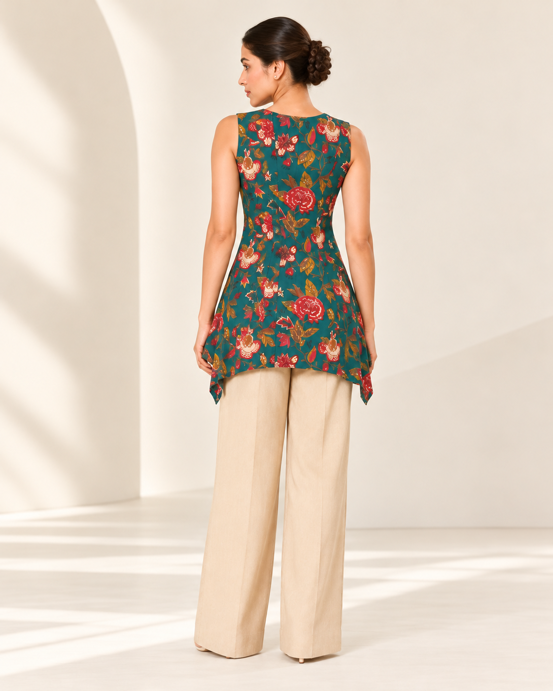 Teal Floral Sleeveless Asymmetric Hem Kurti