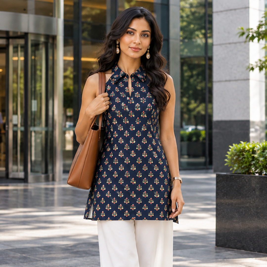 Navy Printed Halter-Neck Tunic