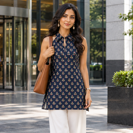 Navy Printed Halter-Neck Tunic